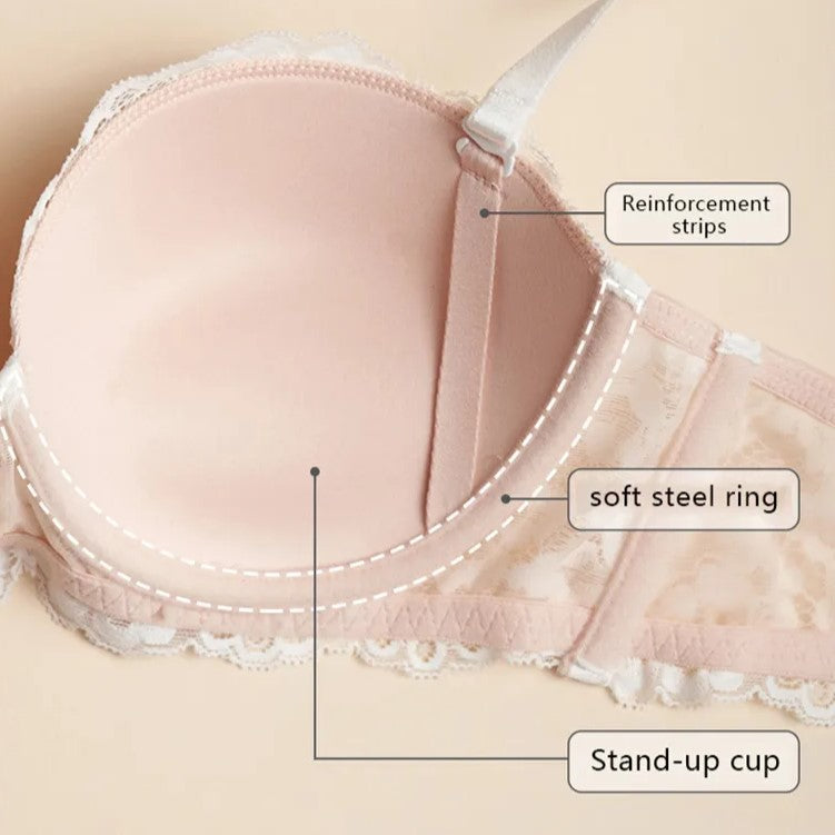 Rosa Spitzen-BH mit Verstärkungsstreifen, weichem Stahlring und Stand-up-Cup.