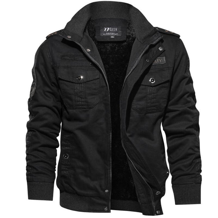 Schwarze Herrenjacke, Baumwolle, Reißverschluss, Taschen, Freizeitmode, Herbst/Winter.