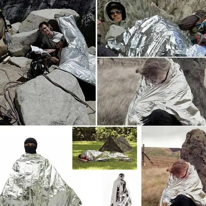 Menschen in silbernen Rettungsdecken, Outdoor-Szenen, Notfallausrüstung, Überlebensdecken.