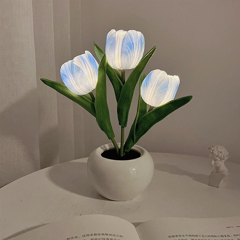 Künstliche Tulpenlampe in Weiß, LED-Leuchten, dekorative Tischbeleuchtung, Keramikvase.