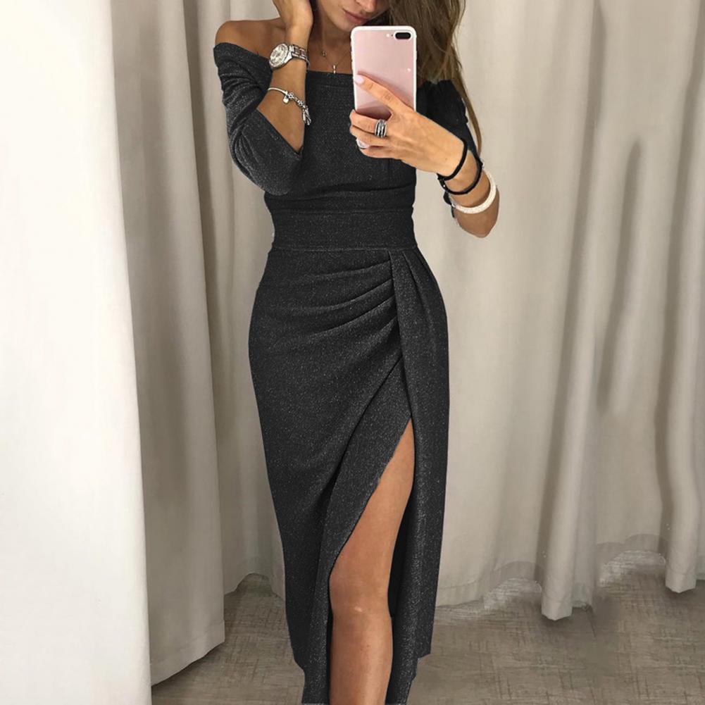 Damen Abendkleid, schulterfrei, schwarz, glitzernd, mit hohem Schlitz, elegantes Design.