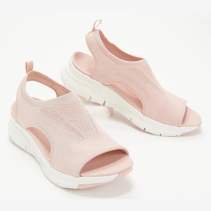 Rosa Damen-Sandalen, atmungsaktiv, Strickmaterial, weiße Sohle, bequem, modisch.