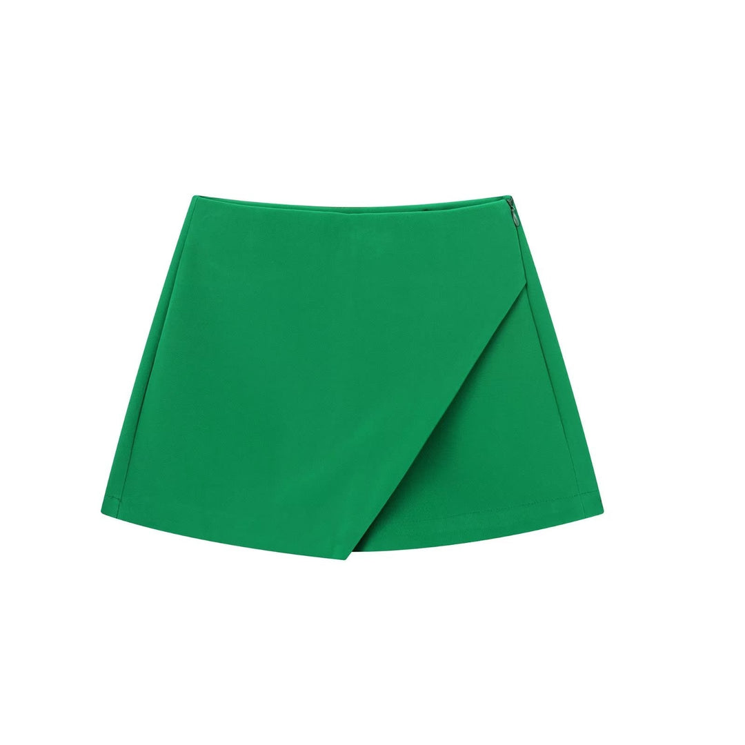 Grüner Minirock aus Baumwolle, Wickeldesign, Damenmode, Sommerkleidung, trendiger Stil.