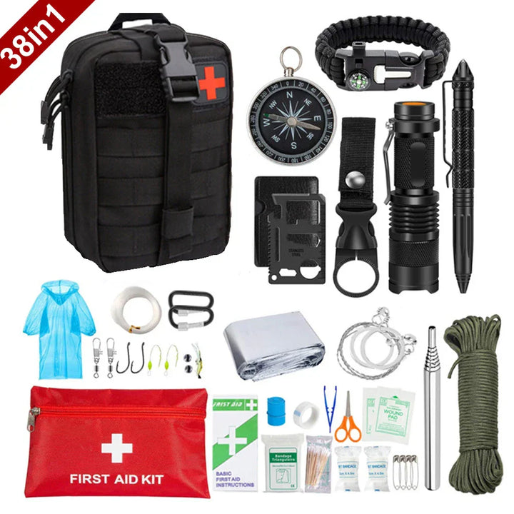 38-in-1 Überlebenskit, schwarz, mit Erste-Hilfe-Set, Taschenlampe, Kompass, Paracord-Armband.