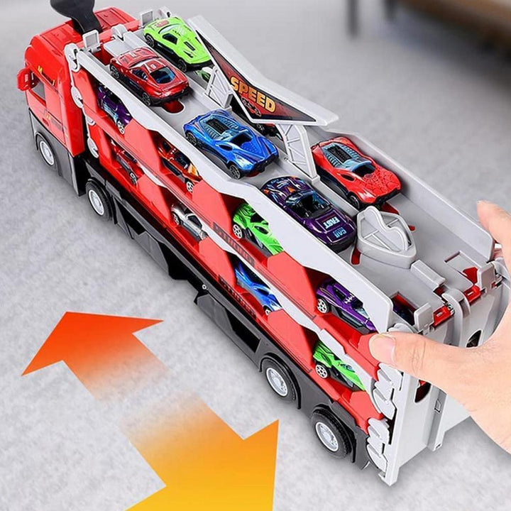 Roter Spielzeug-LKW mit mehreren bunten Modellautos, Kinderfahrzeug, Geschenkidee.
