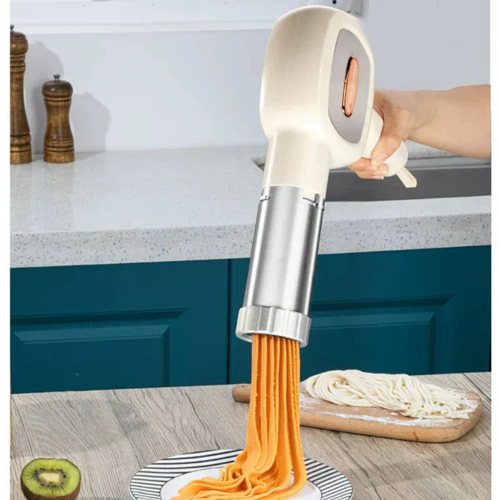 Elektrische Nudelpresse, weiß, Edelstahl, Küche, frische Pasta, Teigzubereitung, handgehalten.