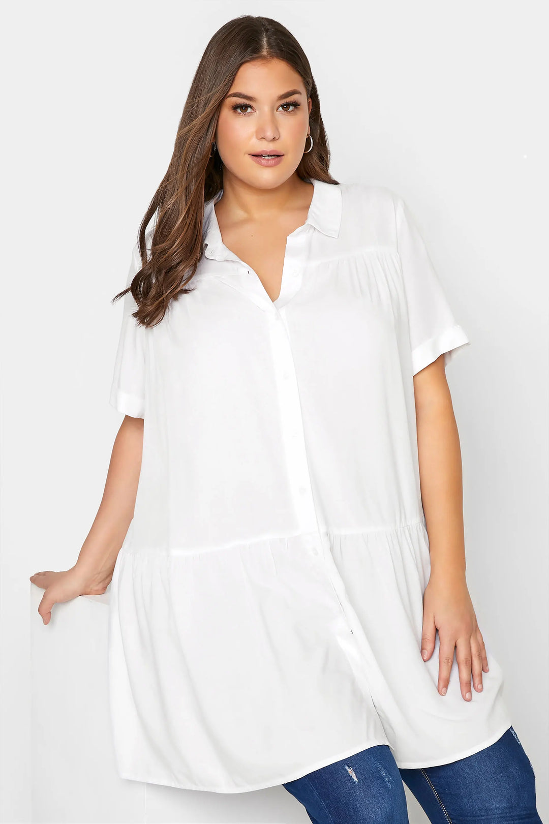 Damen Bluse Weiß Übergröße Kurzarm Baumwolle Sommermode Elegant Casual Hemd