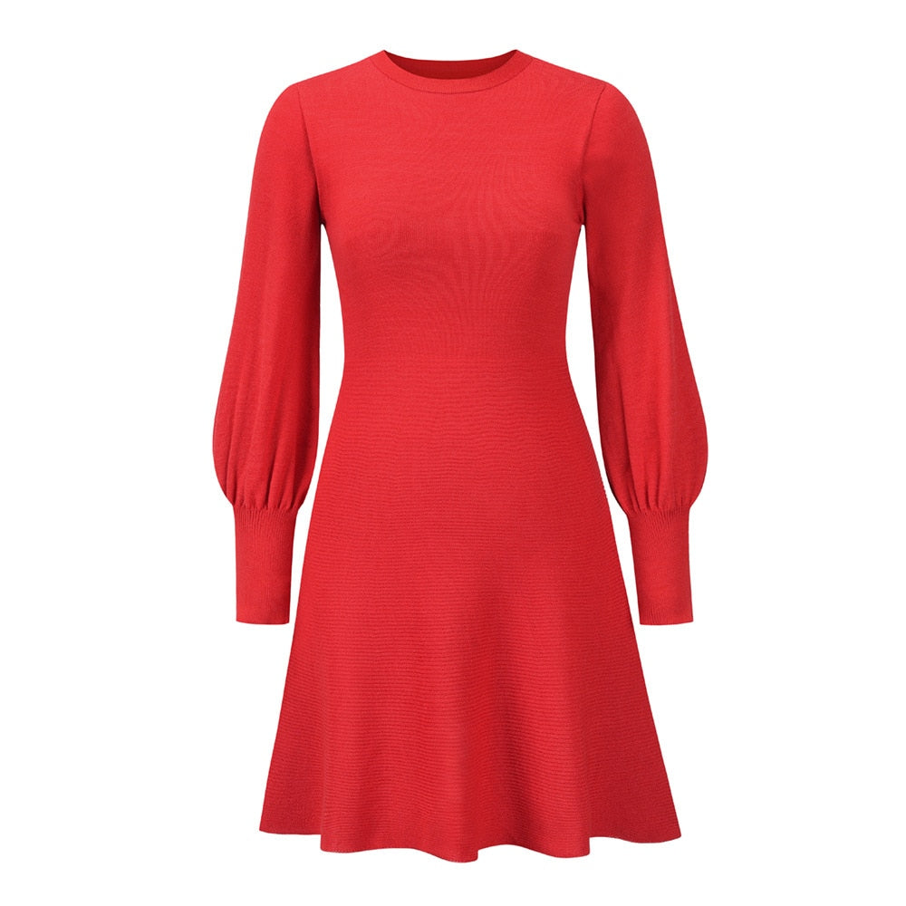 Rotes Damenkleid mit langen Ärmeln, A-Linie, Strick, elegant, modisch, Herbstmode.