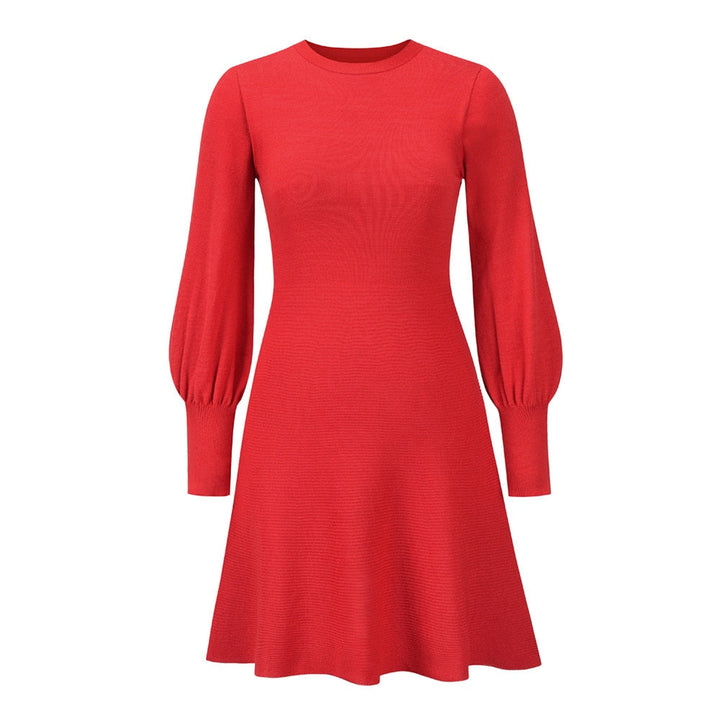 Rotes Damenkleid mit langen Ärmeln, A-Linie, Strick, elegant, modisch, Herbstmode.