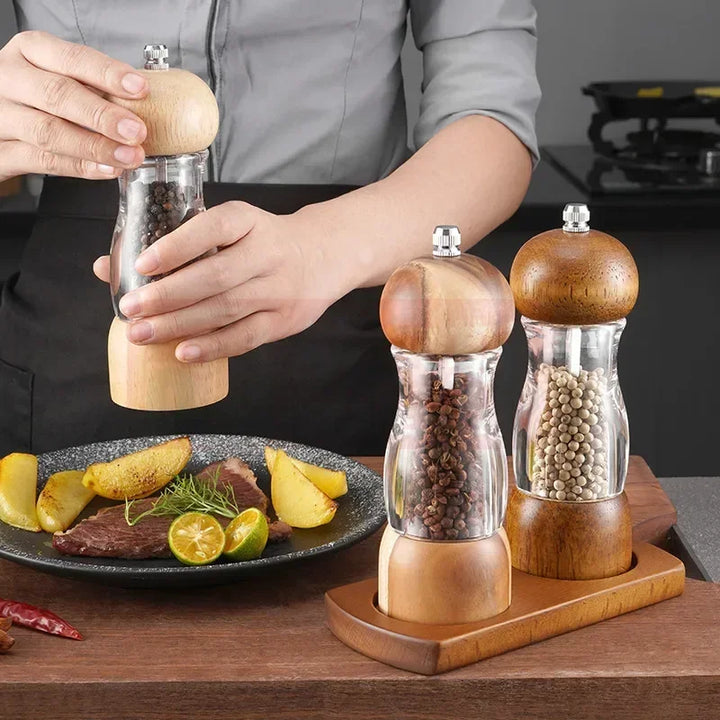 Holz-Pfeffermühle Set, manuell, mit Glasbehälter, Küche, Gewürzmühle, modern, stilvoll