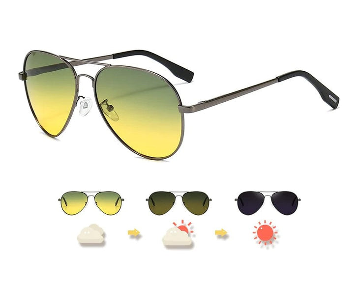 Sonnenbrille Aviator-Stil, gelb-grüne Gläser, photochromatisch, UV-Schutz, Metallrahmen.