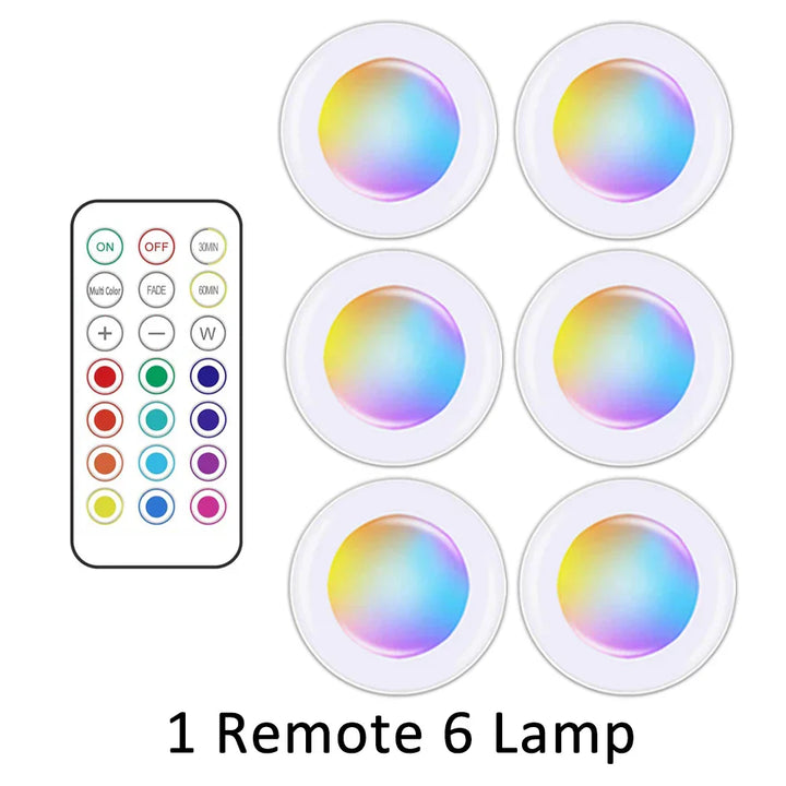LED-Unterbauleuchten mit Fernbedienung, RGB-Farbwechsel, 6er-Set, batteriebetrieben.