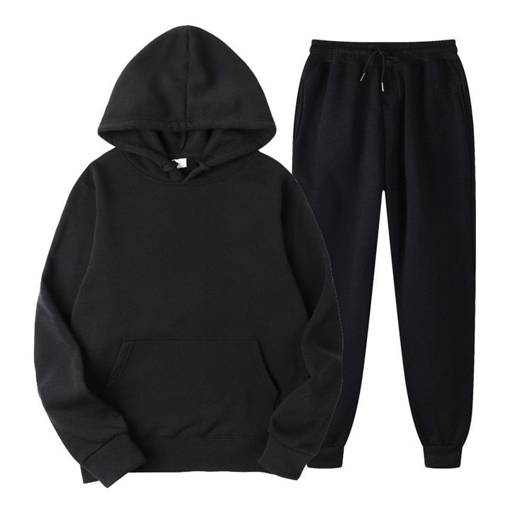 Schwarzer Kapuzenpullover und Jogginghose Set, Unisex, Baumwolle, bequem, Freizeitkleidung.