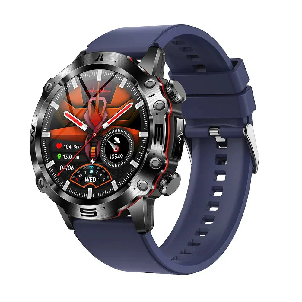 Smartwatch mit blauem Silikonarmband, Edelstahlgehäuse, Fitness-Tracker, Herzfrequenzanzeige.