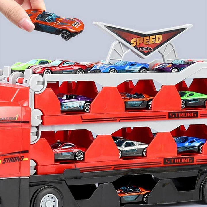 Roter Spielzeug-LKW mit bunten Modellautos, zweistöckig, Kinderfahrzeug, Geschenkidee.