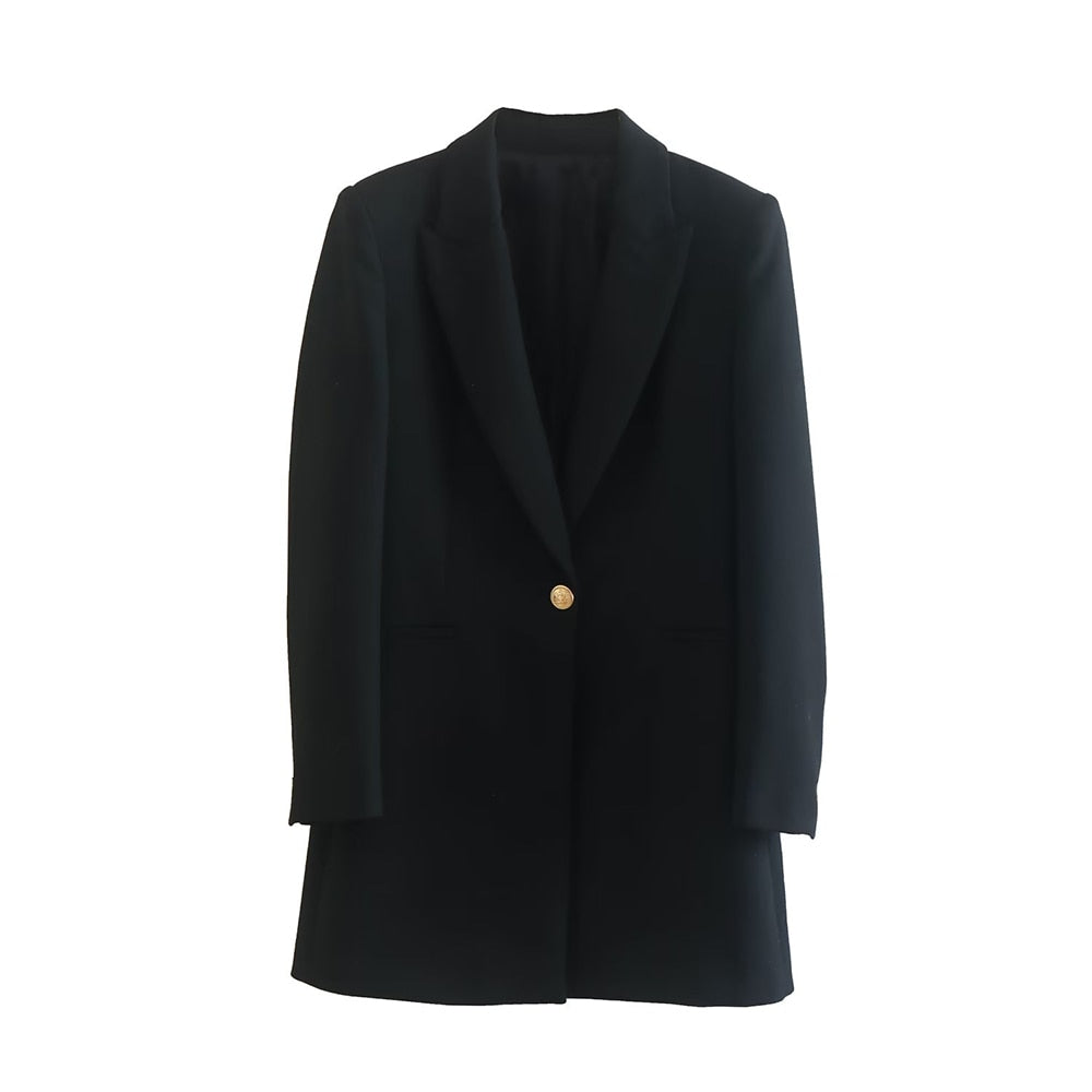 Schwarzer Damenblazer mit goldenen Knopf, elegantes Design, Businessmode, klassischer Schnitt.