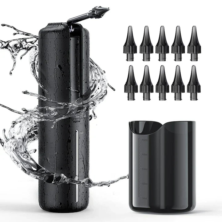 Schwarze elektrische Munddusche mit 10 Düsen und Wasserbehälter, tragbar, wasserdicht.