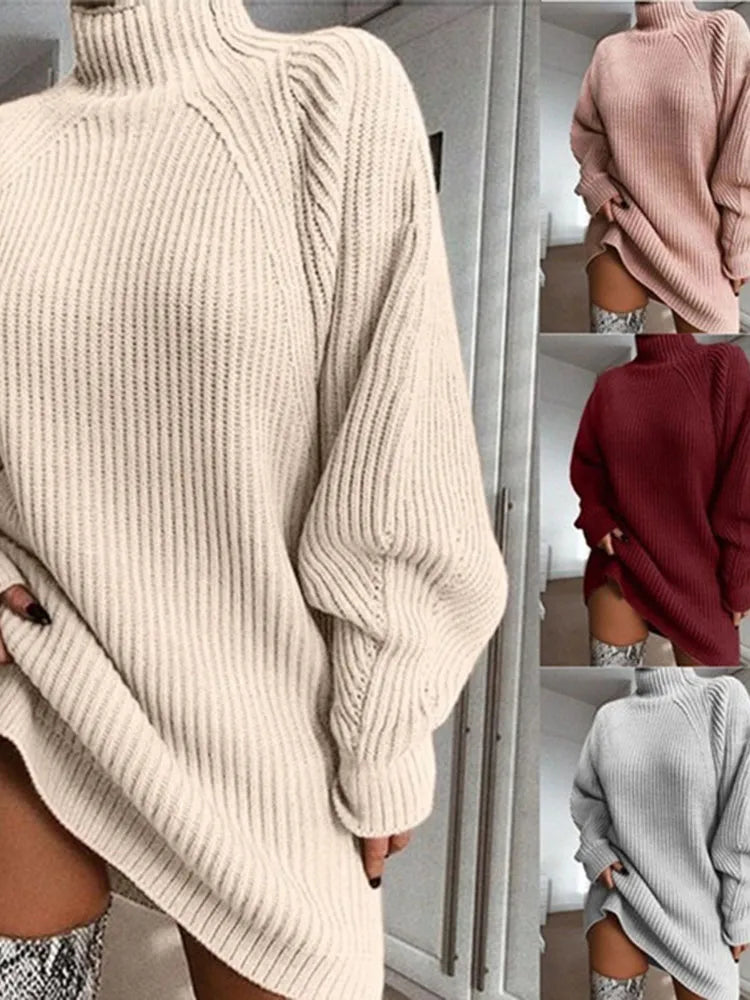 Damen Strickpullover, Rollkragen, beige, rot, grau, rosa, Oversize, Wintermode, gemütlich.