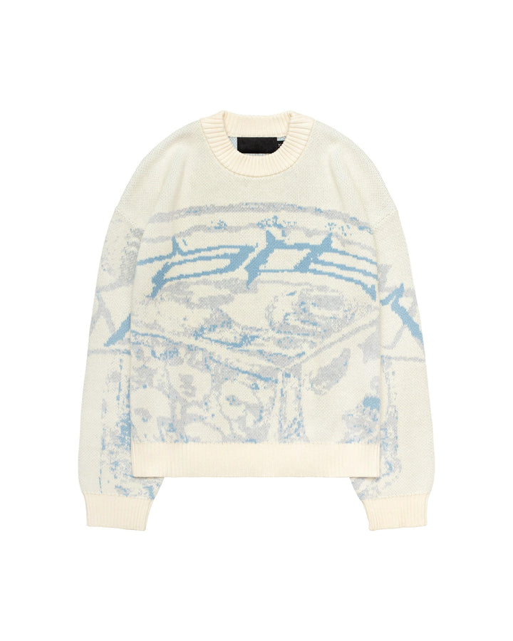 Cremefarbener Strickpullover mit blauem abstraktem Muster, Unisex, Baumwolle, modisch.