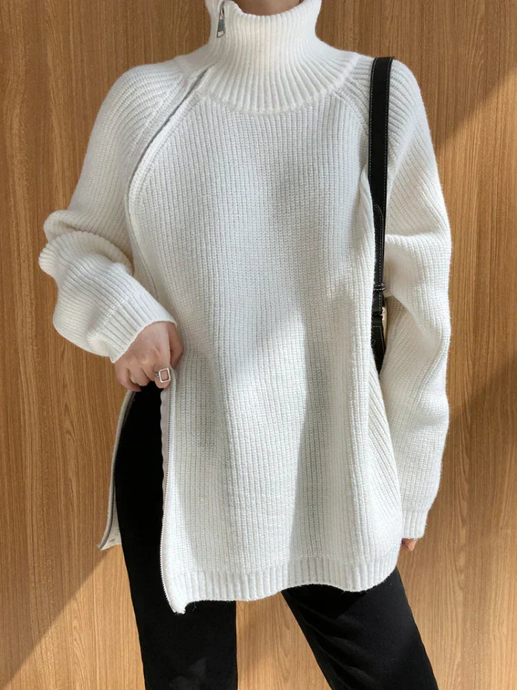 Damen Pullover Weiß Strick Rollkragen Langarm Wintermode Elegant Warm Bequem