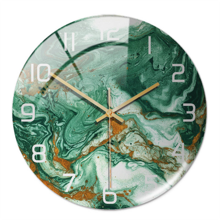 Grüne Marmoruhr mit goldenen Zeigern, modernes Design, runde Wanduhr, Wohnzimmerdekoration.
