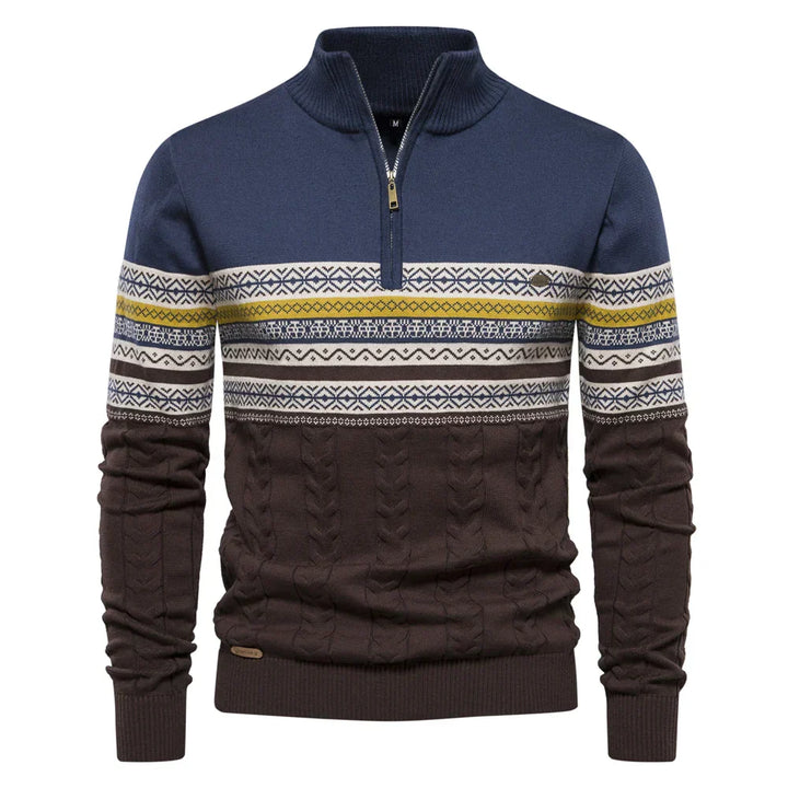 Herrenpullover mit Reißverschluss, blau-braun, Strickmuster, Wintermode, Baumwolle.