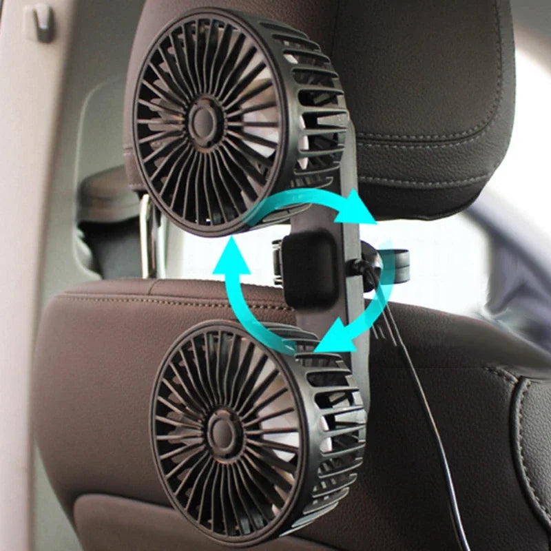 Přenosný USB dvouhlavý autoventilátor, otočný o 360° s 3 rychlostmi – CoolBreeze