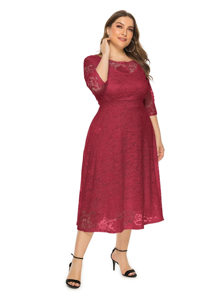 Damenkleid aus roter Spitze, knielang, mit 3/4-Ärmeln, elegantes Design für besondere Anlässe.