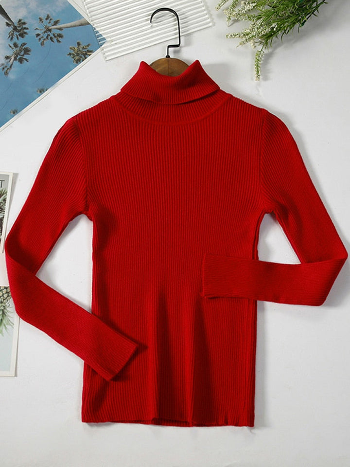 Roter Rollkragenpullover aus Strickstoff, langärmelig, modisch, Damenbekleidung.