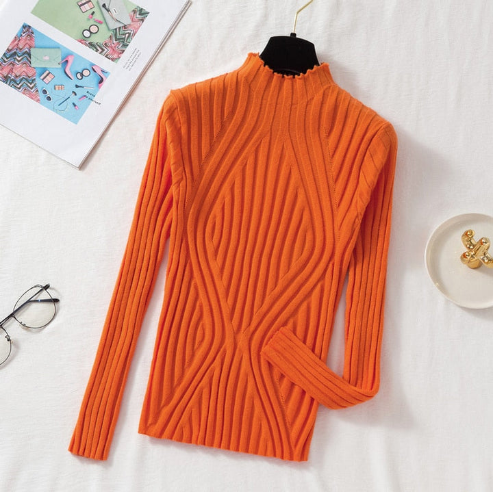 Orangefarbener Rollkragenpullover, geripptes Design, Damenmode, Herbstbekleidung, Baumwolle.