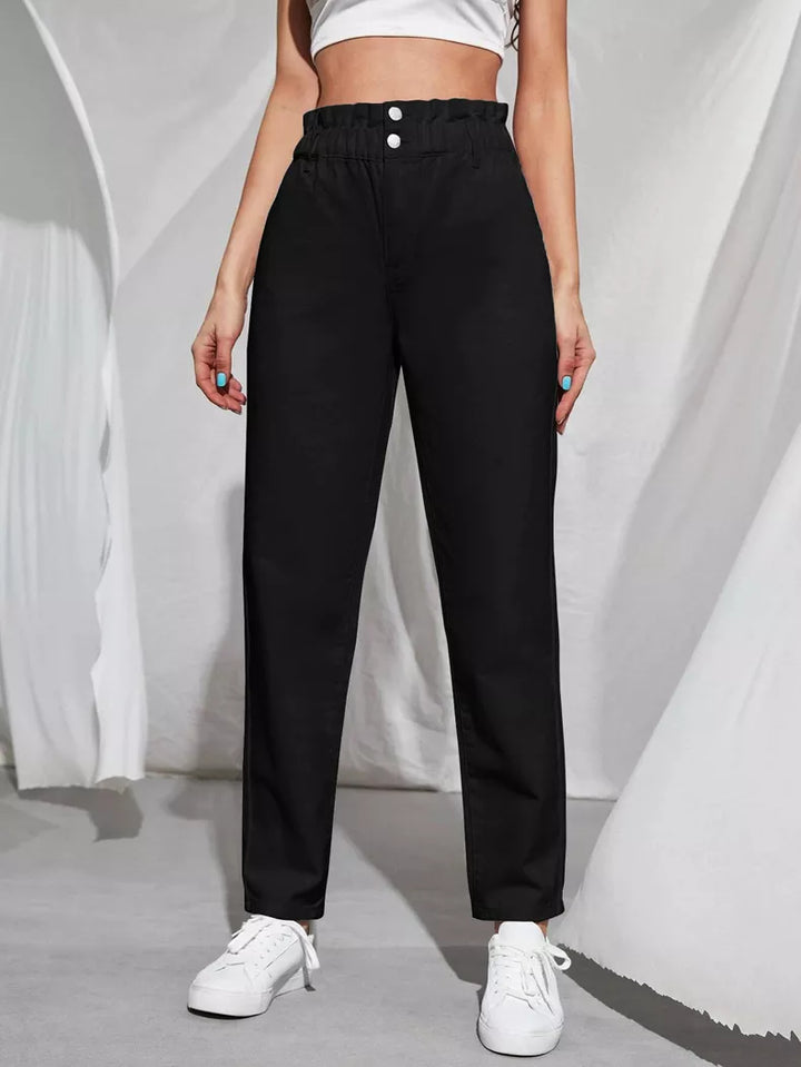 Schwarze High-Waist-Hose Damen, elastischer Bund, lässig, Baumwolle, Mode, bequem.