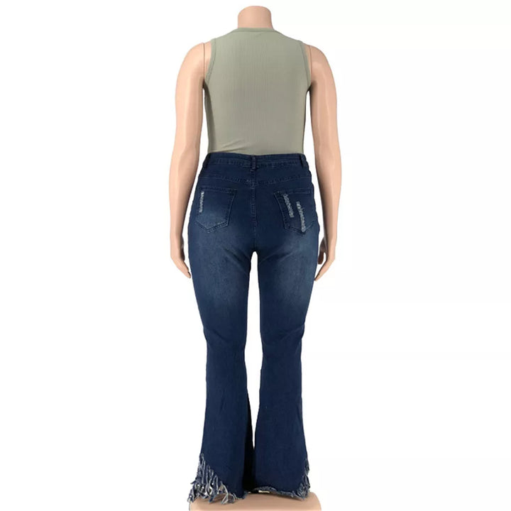 Damen-Jeans mit Schlag, dunkelblau, Fransen, Rückansicht, modisch, bequem, Baumwolle.