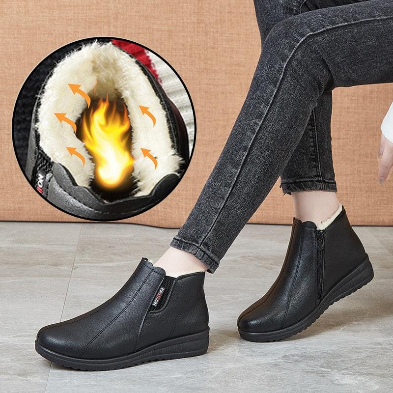 Schwarze Damen-Winterstiefel, gefüttert, rutschfest, wasserdicht, Reißverschluss.