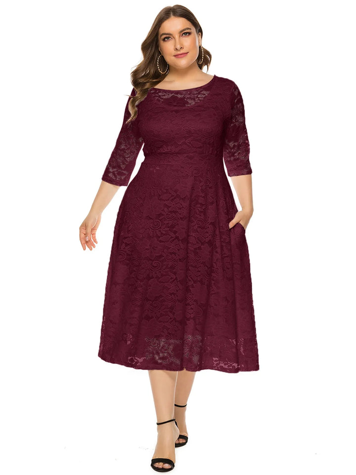 Damen Midikleid aus Spitze, bordeauxrot, 3/4-Ärmel, elegant, Abendmode, Plus Size.
