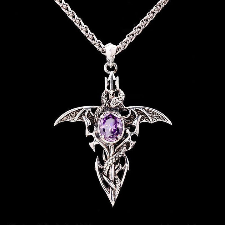 Silberner Drachenanhänger mit lila Kristall, gotischer Schmuck, Edelstahlkette.