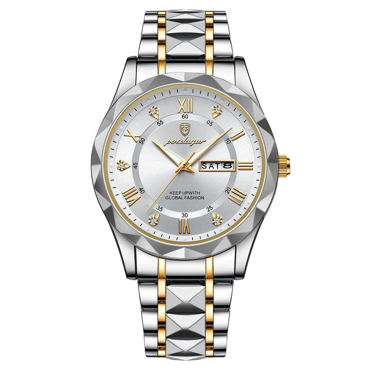Luxus Herrenarmbanduhr, silber-gold, Edelstahl, römische Ziffern, Datum, elegantes Design.