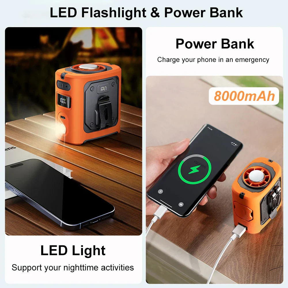 8000mAh přenosný chladicí ventilátor na opasek s powerbankou a LED světlem – FrostBreeze