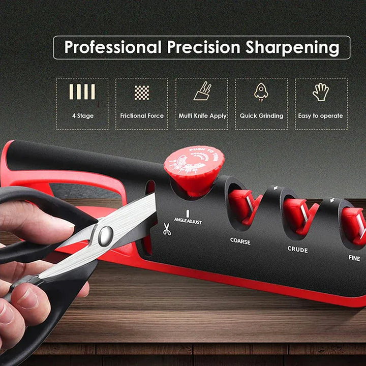 Professioneller Messerschärfer, 4-stufig, rot-schwarz, für präzises Schärfen von Küchenmessern.