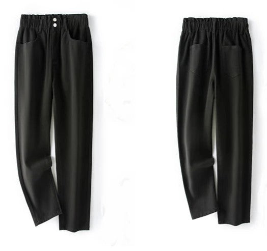 Schwarze Damenhose mit elastischem Bund, Taschen, lässig, modisch, bequem, vielseitig.