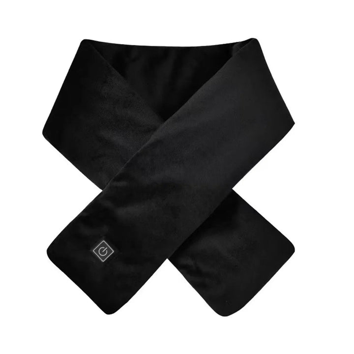 Schwarzer beheizbarer Schal, weiches Material, ideal für kalte Tage, modisches Winteraccessoire.