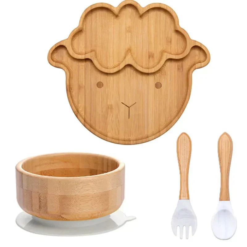 Bambus Kindergeschirr Set, Schaf-Design, Teller, Schüssel, Besteck, umweltfreundlich, rutschfest.