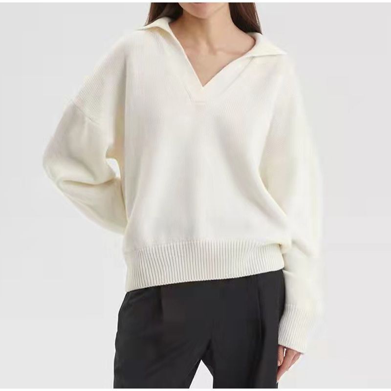 Weiße Damenpullover mit V-Ausschnitt, langärmelig, aus Baumwolle, modisch und elegant.