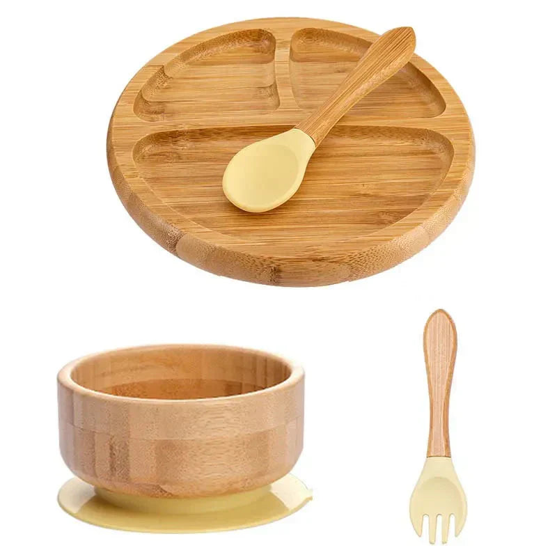 Bambus Kindergeschirr Set, Teller, Schüssel, Löffel, umweltfreundlich, rutschfest, naturfarben