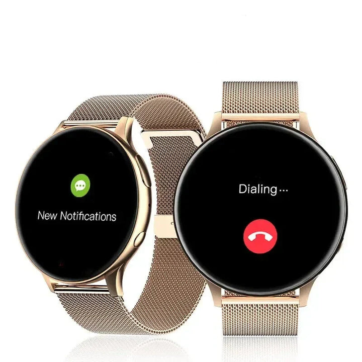 Zwei goldene Smartwatches mit runden Displays und Metallarmbändern, Benachrichtigungen angezeigt.