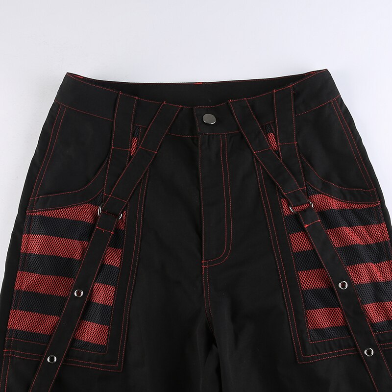 Schwarze Hose mit roten Streifen, Hosenträgern, modisch, Streetwear, Unisex, Baumwolle.