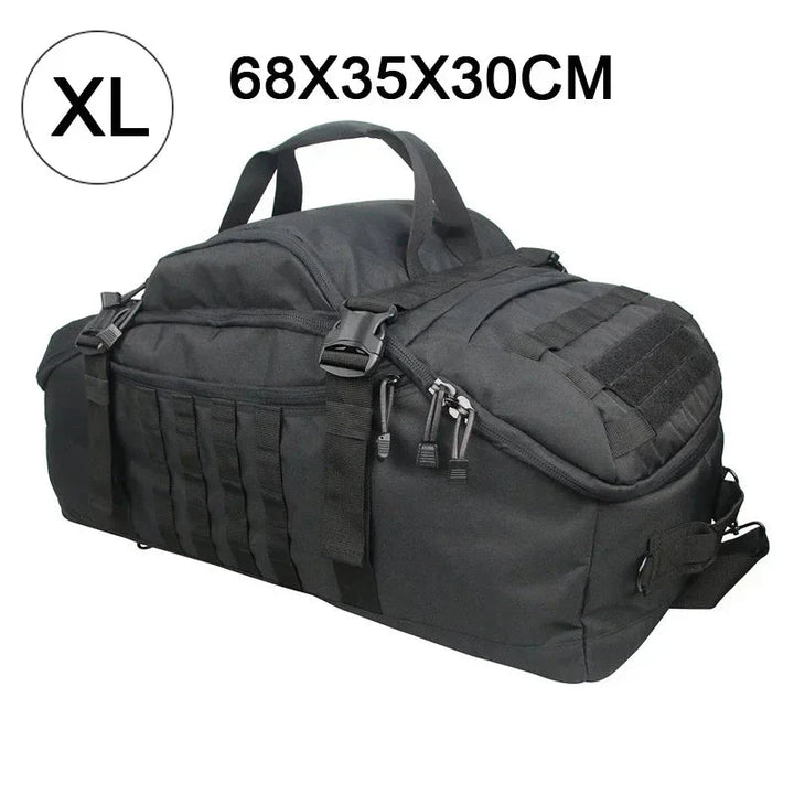Schwarze XL-Taktische Reisetasche, 68x35x30cm, robustes Nylon, mehrere Fächer, Reißverschlüsse.