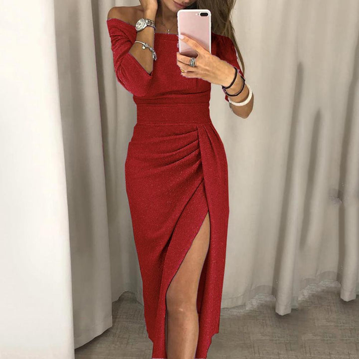 Rotes schulterfreies Kleid mit Schlitz, elegantes Abendkleid, Damenmode, Partykleid.