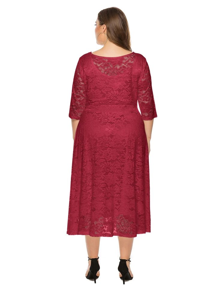 Damenkleid aus roter Spitze, knielang, mit 3/4-Ärmeln, elegantes Design, Plus-Size-Mode.
