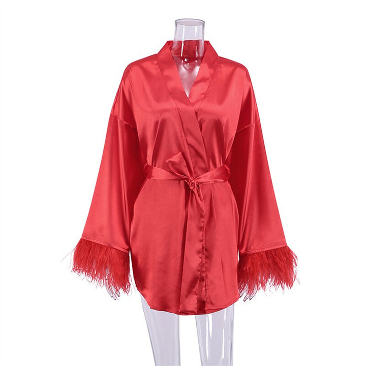 Roter Satin-Bademantel mit Federn, Damen, luxuriös, Kimono-Stil, Nachtwäsche.