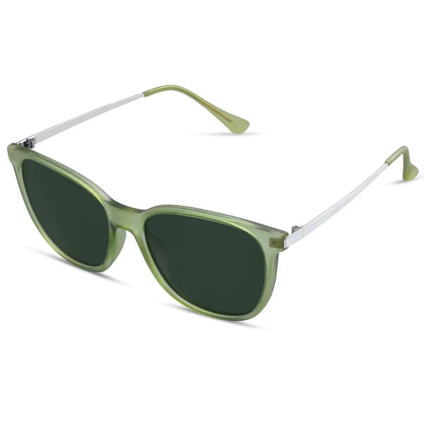 Grüne Sonnenbrille mit eckigem Rahmen, UV-Schutz, modisches Accessoire für Damen und Herren.